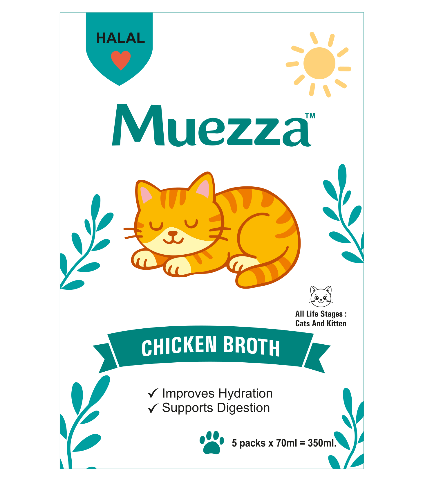 Muezza Chicken Broth front Muezza Chicken Broth | Halal Certified | High Hydration Formula | Supports Digestion | For Cats & Kittens | 5 x 70ml (350ml Pack) - Image 1