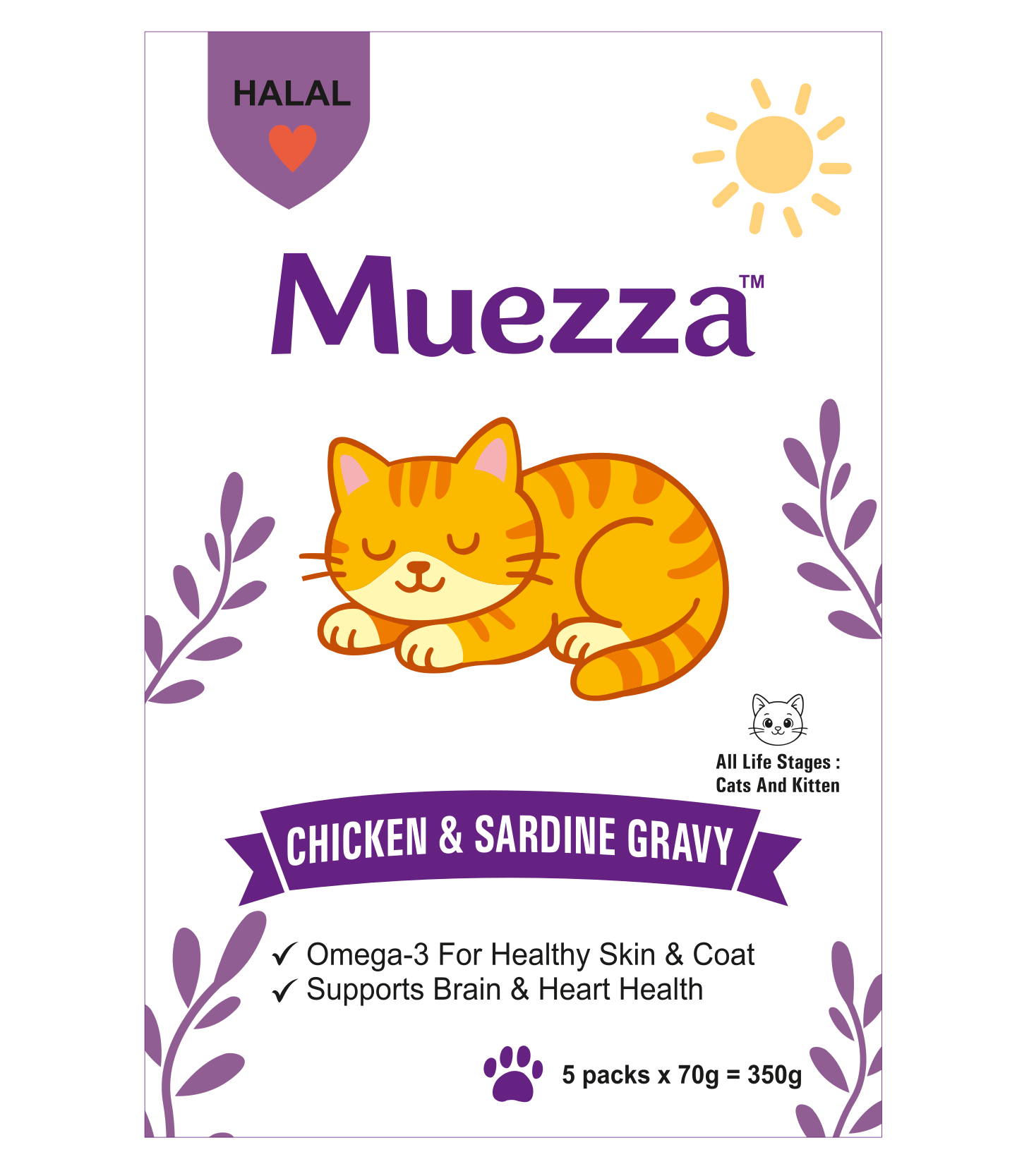 Muezza Chicken & Sardine Gravy front Muezza Chicken & Sardine Gravy | Halal Certified | Omega-3 Rich | Complete & Balanced | For Cats & Kittens | 5 x 70g (350g Pack) - Image 1