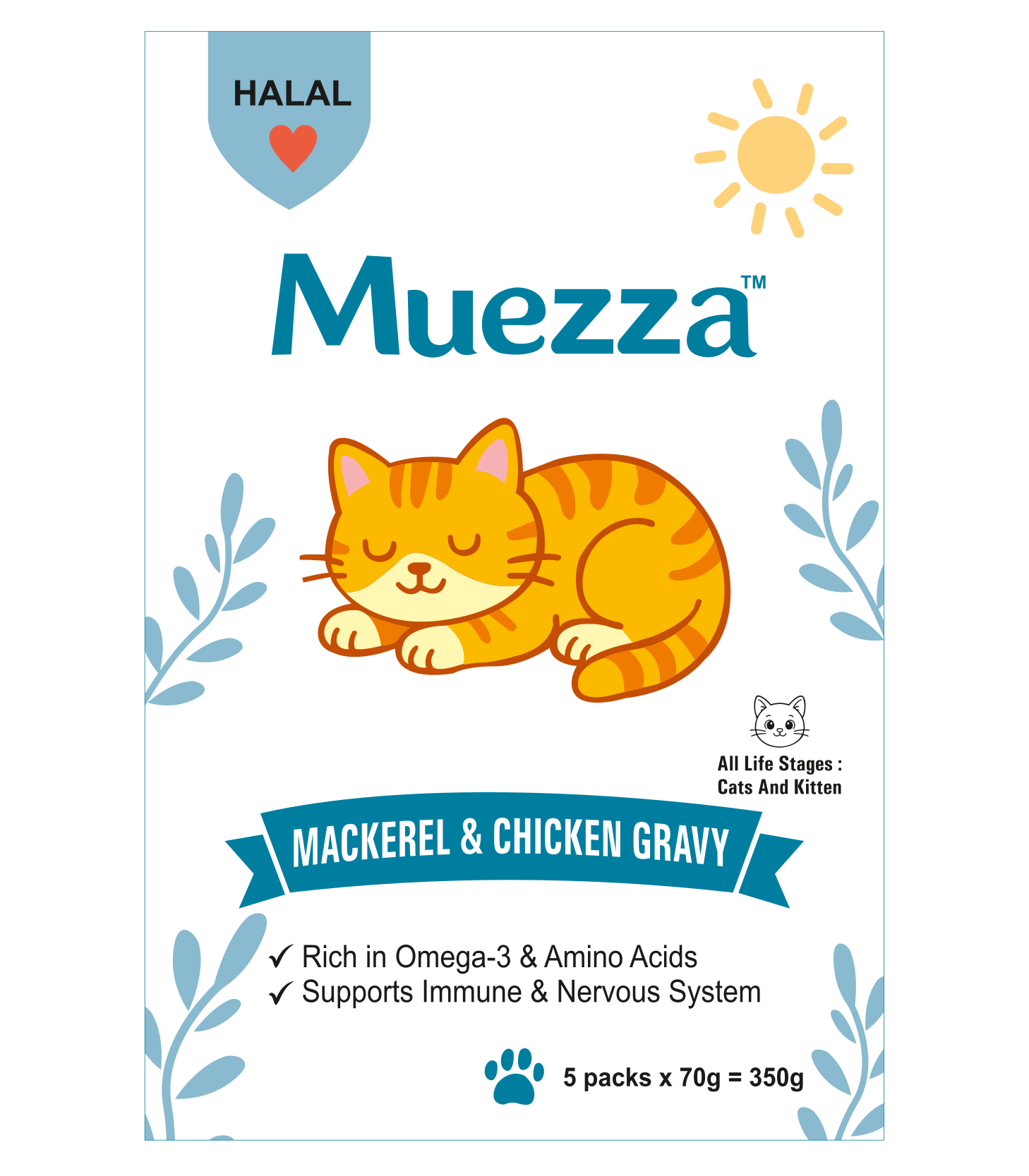 Muezza Mackerel & Chicken Gravy front Muezza Mackerel & Chicken Gravy | Halal Certified | Omega-3 & Amino Acid Rich | Complete & Balanced | For Cats & Kittens | 5 x 70g (350g Pack) - Image 1