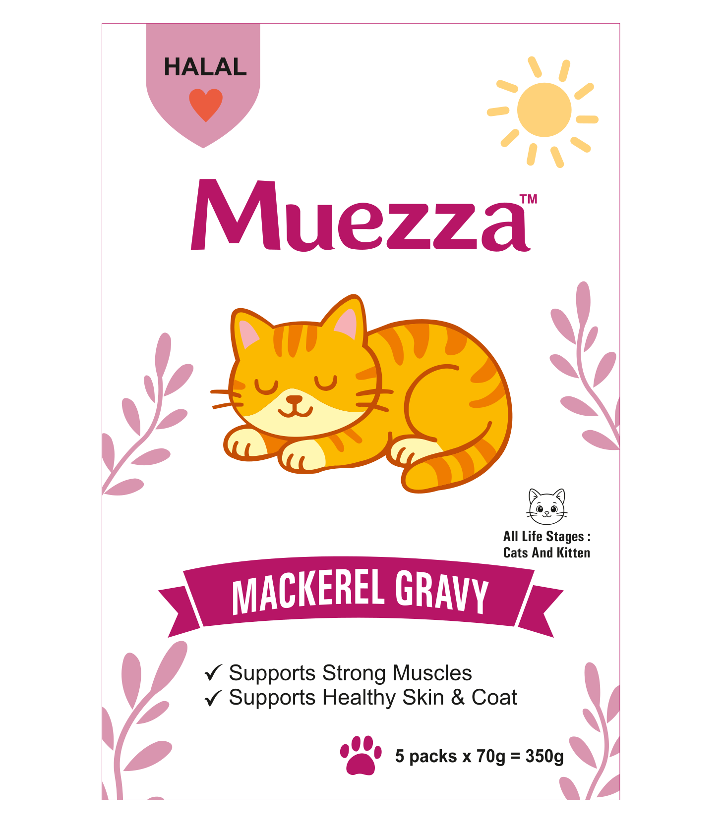 Muezza Mackerel Gravy front Muezza Mackerel Gravy | Halal Certified | High Protein | Supports Skin & Coat | Complete & Balanced | For Cats & Kittens | 5 x 70g (350g Pack) - Image 1
